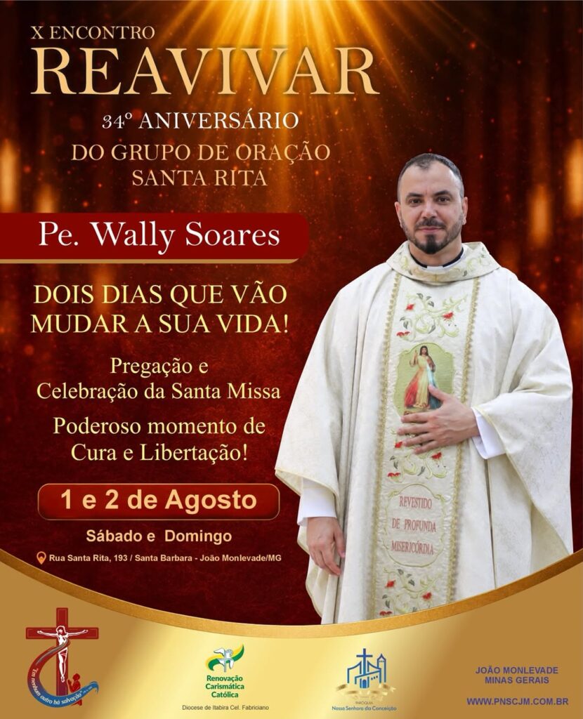 Flyer oficial do evento X Encontro Reavivar – Aniversário do Grupo de Oração Santa Rita em João Monlevade – MG/