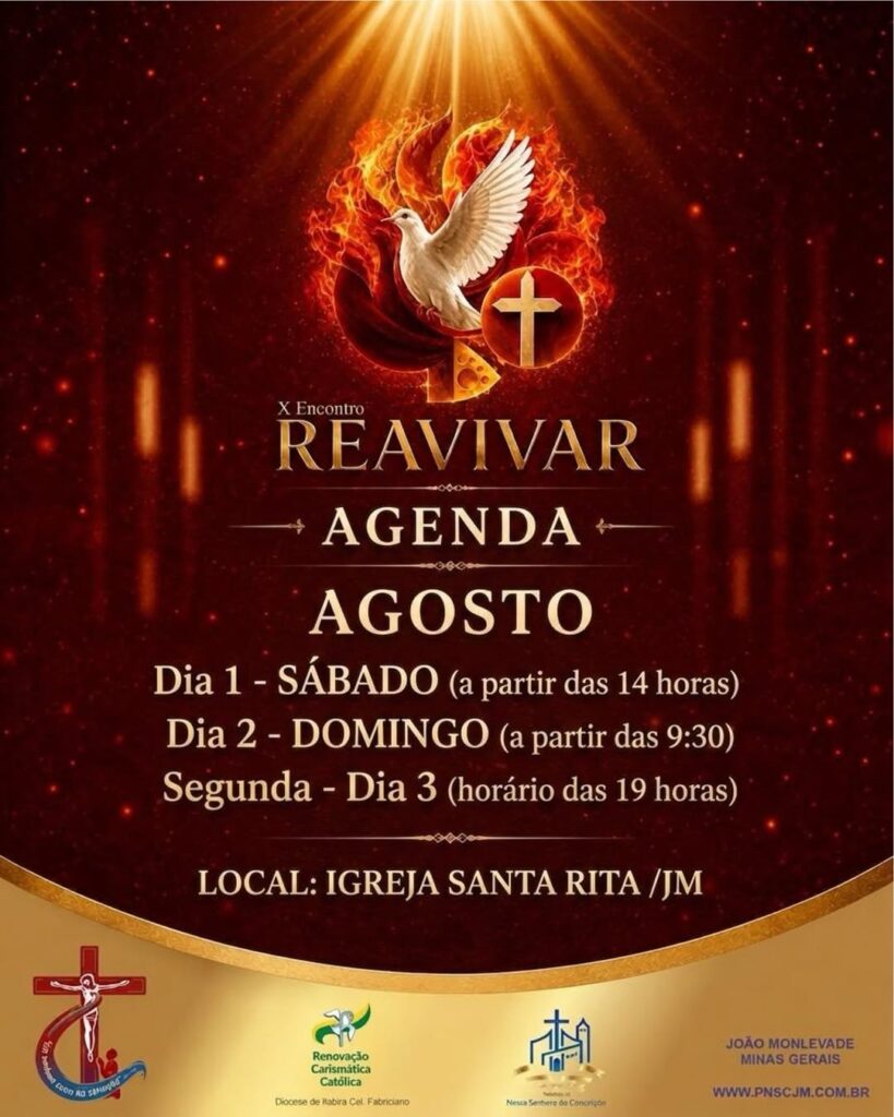 Flyer oficial do evento REAVIVAR 2026 – 10º Reavivar e 34º Aniversário do Grupo de Oração Santa Rita em João Monlevade – MG/