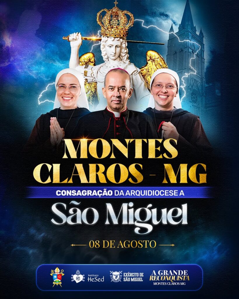 Flyer oficial da Consagração da Arquidiocese a São Miguel — A Grande Reconquista em Montes Claros/MG, 08 de agosto de 2026