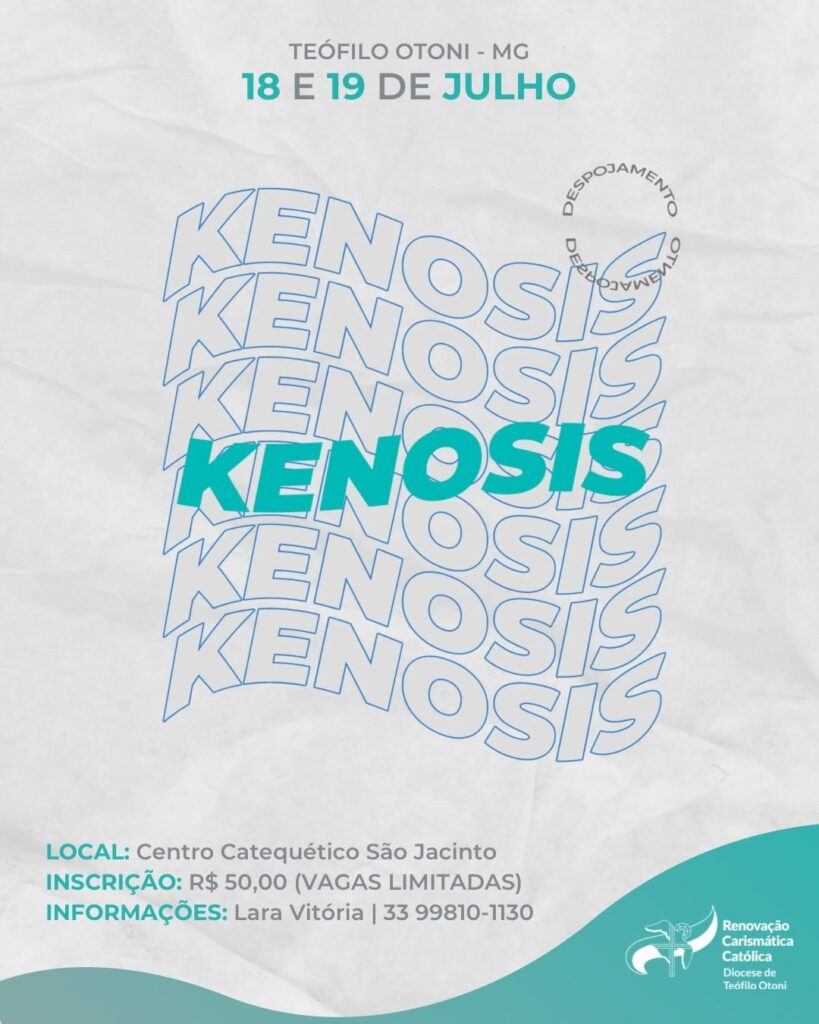 Flyer oficial do retiro KÉNOSIS 2026 em Teófilo Otoni/MG, 18 e 19 de julho, Centro Catequético São Jacinto