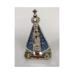 Estatueta de Nossa Senhora Aparecida em tom prateado com manto azul e coroa