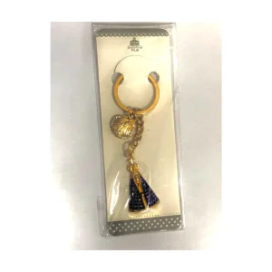 Chaveiro dourado de Nossa Senhora Aparecida com manto azul e pingente de concha