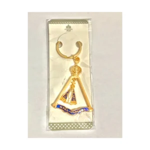 Chaveiro em tom dourado de Nossa Senhora Aparecida com manto azul e faixa