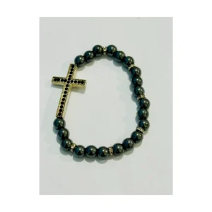 Pulseira de Hematita com Pingente de Cruz Grande