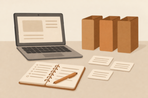 Computador portátil, caderno de tarefas e três pastas lisas sobre uma mesa organizada.